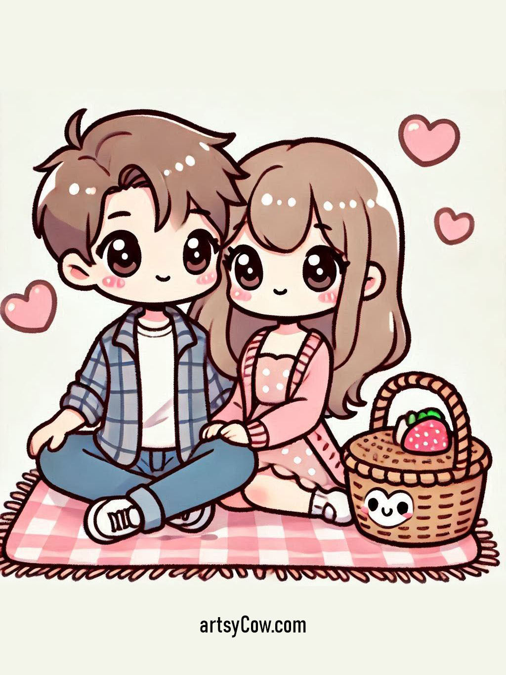 Valentines drawings with couple enjoying a cozy picnic on a blanket with a heart-themed picnic basket.